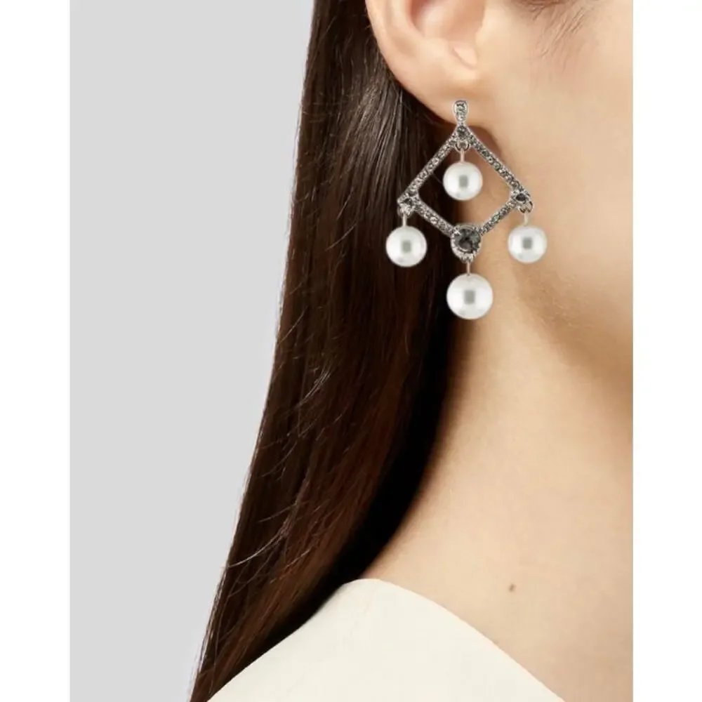 Kenneth‎ Jay Lane White Pearl Crystal Silver Tone Chandelier Clip Earrings New - Picture 3 of 14